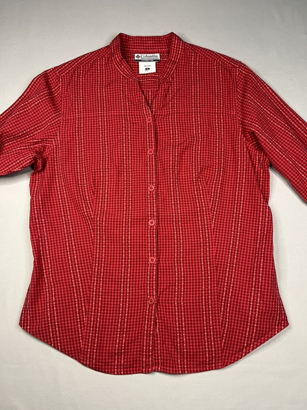 Columbia Women’s Sz M Button Up 3/4 Sleeve Red with White Stripes 100% Cotton